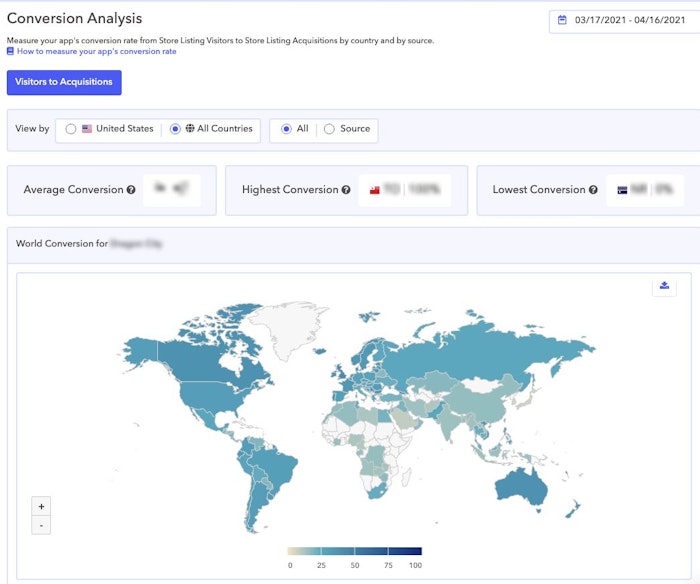 AppTweak ASO Tool: Compare your Apple Connect and Google Console metrics on a world map in AppTweak